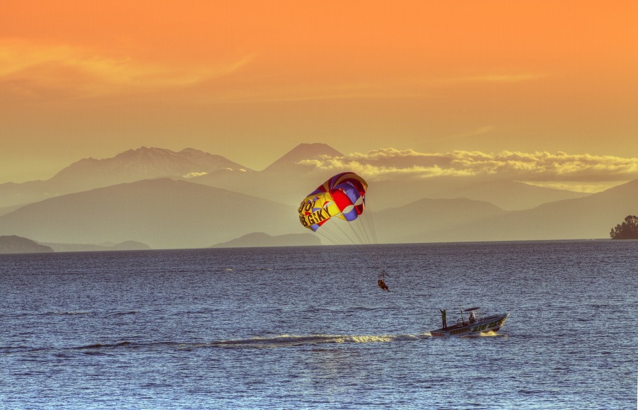 View on Lake Taupo with Parasailer in the centre